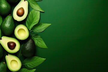 Wall Mural - Avocadoes and leaves on green backdrop for text