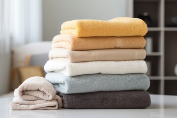 Wall Mural - Stack of neatly folded towels placed on the bed