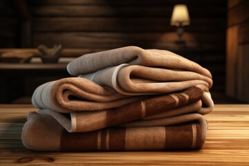 Wall Mural - soft towels placed on a wooden tabletop