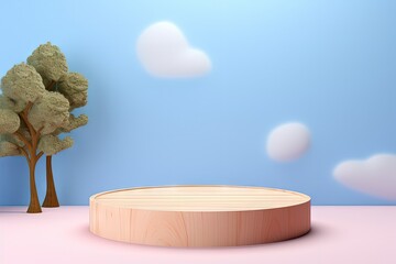 Wood podium with a blue background minimal cloud scene and summer atmosphere displaying stage products for Halloween on a 3D platform against a pink pas