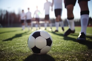 Youth soccer training with players practicing on field and standing in a row with black and white balls