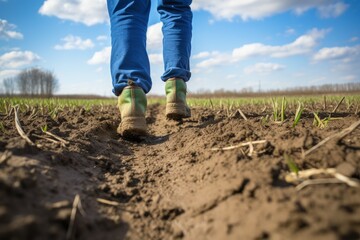 Man in rubber boots walks in a farmer s field under the blue sky