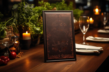 Poster - A restaurant menu design mock-up on a wooden table. Concept of menu planning and design. Generative Ai.