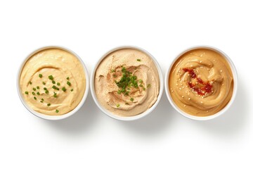 Wall Mural - Middle Eastern dip with hummus spread on a white background consisting of houmous smear and tahini sauce