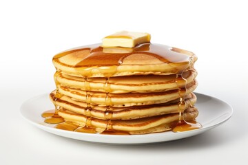 Wall Mural - Stack of newly made buttermilk pancakes with syrup and butter isolated on white
