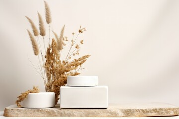 Poster - Studio photo of white flower and square podiums on white background