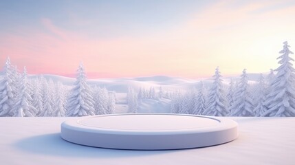 Winter Christmas Product podium on the background of drifts, snowflakes and snow, background landscape nature with trees