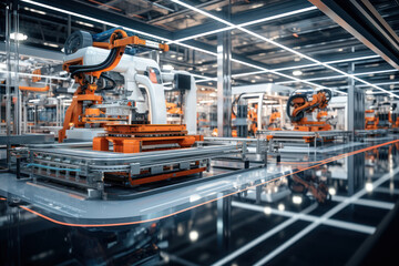 Poster - the interior of an industry 4.0 smart factory, where advanced automation, machinery, and robotics op