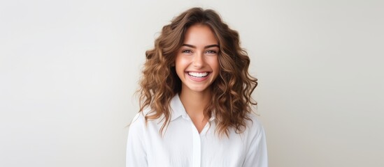 Sticker - A youthful attractive lady with a cheerful expression and a joyful grin stands and poses for a photograph while wearing a shirt She appears to be filled with excitement and happiness her smi