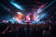 A dynamic live concert with a passionate crowd, stage lights, and confetti falling, evoking the electric energy of music events. Generative Ai.