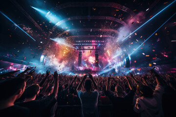 Wall Mural - A dynamic live concert with a passionate crowd, stage lights, and confetti falling, evoking the electric energy of music events. Generative Ai.