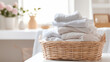 a basket with clean linen in an atmosphere of home comfort with natural soft lighting