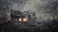 A House Damaged By Fire, The Consequences Of Destruction, The Remains Of A House Standing Alone, A Village Cottage Destroyed By Fire, The Remains Of Ash And Smoke Depressive Concept Of Misfortune