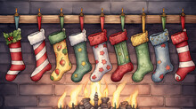 Christmas. A Postcard With A Decoration Of Socks Hanging For Gifts On The Background Of The Fireplace. Christmas Eve.