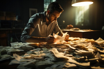 Canvas Print - A person sorting through stacks of past-due bills, underlining the Concept of financial distress. Generative Ai.