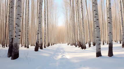 Wall Mural - winter landscape, abstract background snowfall in the forest, white birch trees surrounded by snow, blurred background with a copy space