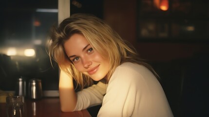 Wall Mural - blonde girl leaning on table and smiling at camera, detailed facial features, detailed eyes, polaroid, 1990