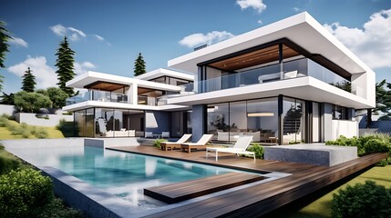 Wall Mural - Modern villa with stunning views, gray villa with partly cloudy sky, and a beautiful luxurious garden, picture size