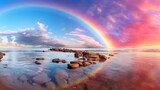Fototapeta Tęcza - Rainbow sky, red crystal sea, real shooting, real, realistic, 8K, super wide angle, panorama, 3D, ultra-high definition, high pixel, landscape photography