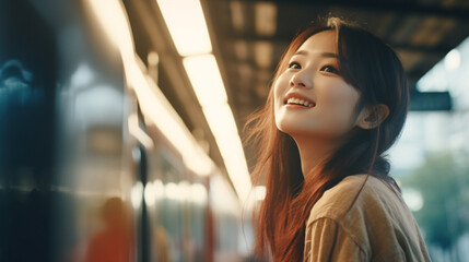 Wall Mural - beautiful asian woman in train station