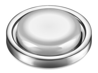 Realistic big white plastic button with shiny metallic border on white background