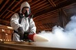 Pest control technician in protective suit spraying pesticide gas to exterminate pests