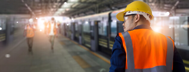 Poster - Engineer manager working of electric train. Inspect system and control the operation of the sky train in maintenance factory, transportation and Industry.