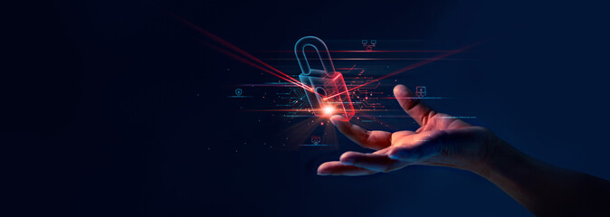 Poster - Cyber security, Hand hold digital padlock, Login verified identity credentials on network of data protection technology.Online internet authorized access against cyber attack and business data privacy