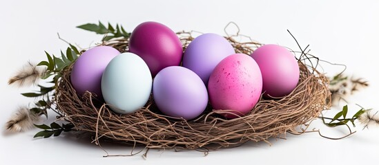 Wall Mural - Colorful eggs hidden in a nest resting on a plain white backdrop