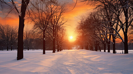 Wall Mural - winter sunset in the park