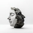 A single rough rock with two carved faces, half is white and the other is black on white background, monochrome. Concept of the two faces of the same person, duality, bipolarity