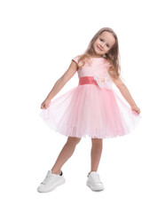 Wall Mural - Cute little girl in beautiful dress dancing on white background