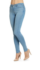 Poster - Woman wearing stylish light blue jeans and high heels shoes on white background, closeup