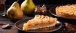 Autumn dessert consisting of homemade pear tart with pieces of this scrumptious fruit pie seen on a plate