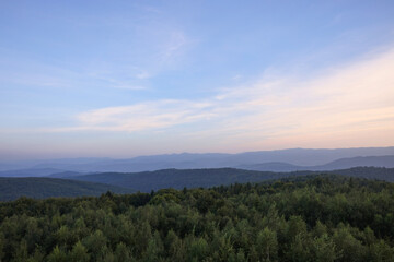 Wall Mural - picturesque view of mountains covered with forest under sky