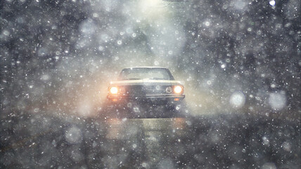 Wall Mural - blizzard on the road, dangerous snowfall on the highway car in poor visibility, fog in winter bad weather, blurred background