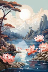 Wall Mural - An illustration of a beautiful landscape with lotus blossoms. Generative AI. 