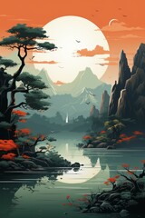 Wall Mural - An illustration of a beautiful landscape with lotus blossoms. Generative AI. 