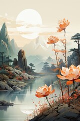 Wall Mural - An illustration of a beautiful landscape with lotus blossoms. Generative AI. 
