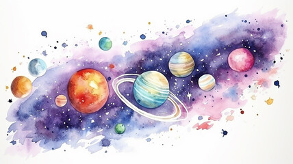 Wall Mural - planets in space on a white background, watercolor drawing for children primitive minimalistic poster illustration