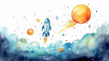 planets in space on a white background, watercolor drawing for children primitive minimalistic poster illustration