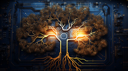 Poster - background concept is artificial intelligence, a symbol of nature and growth, a tree of life and a brain integrated and combined with a computer chip, fictional graphics