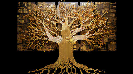 Poster - background concept is artificial intelligence, a symbol of nature and growth, a tree of life and a brain integrated and combined with a computer chip, fictional graphics