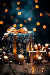 Vertical photo of a blue gift box, with a yellow ribbon bow, with golden stars, with some lit candles, and golden spheres on an old wooden background, Bokeh, generative AI
