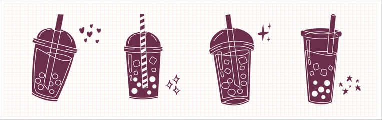 Wall Mural - Bubble Boba milk tea, Pearl milk tea, Yummy drinks, coffees and soft drinks doodle style. Cute vector illustration of hot and iced coffee to go cup hand drawn set