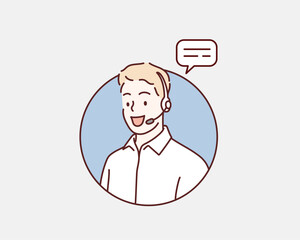 Wall Mural - businessman working in call center. hand drawn style vector design illustrations.