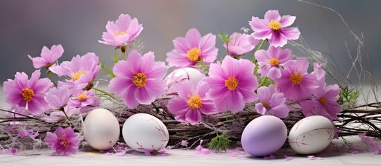 Poster - Easter themed artwork eggs adorned with cosmos inspired designs along with fresh blossoming spring branches displayed against a backdrop of white