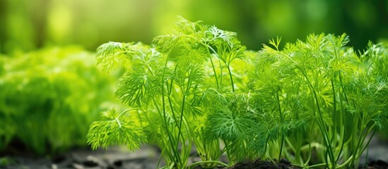 Poster - Fresh dill an annual herb from the family Apiaceae flourishing on the vegetable bed The cultivation of fresh herbs demonstrates the concept of ecological agriculture in producing nutritious