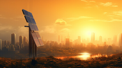 Wall Mural - solar panels in the fog at sunset, the technology of the future futuristic landscape renewable energy