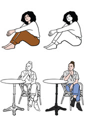 set of people. sitting. White Background. Hand drawn color Illustration.